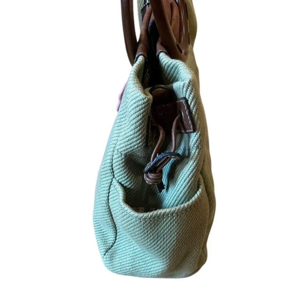 Fossil Wood Handle Rings purse Green Canvas Floral Logo Striped Lining